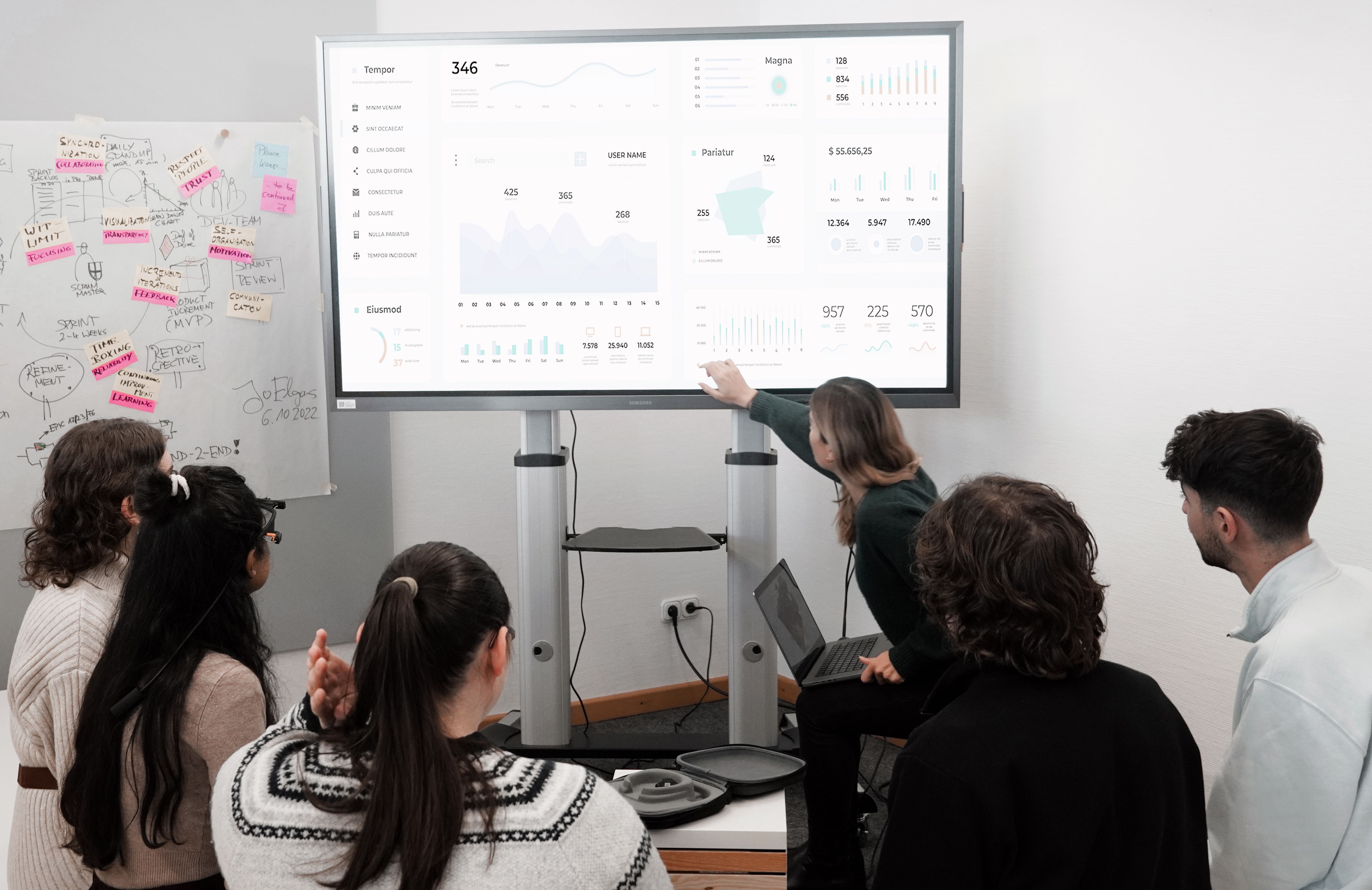 Team reviewing an operations dashboard on a large screen