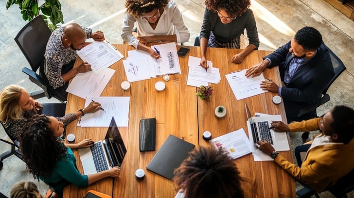 Diverse business team planning a workflow around a conference table